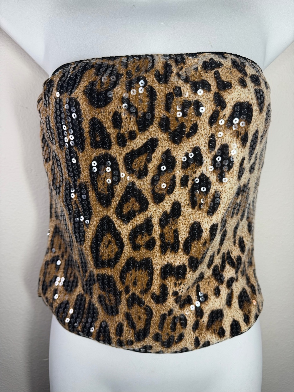 Leopard Sequin Strapless Bustier Top - Brown/Black